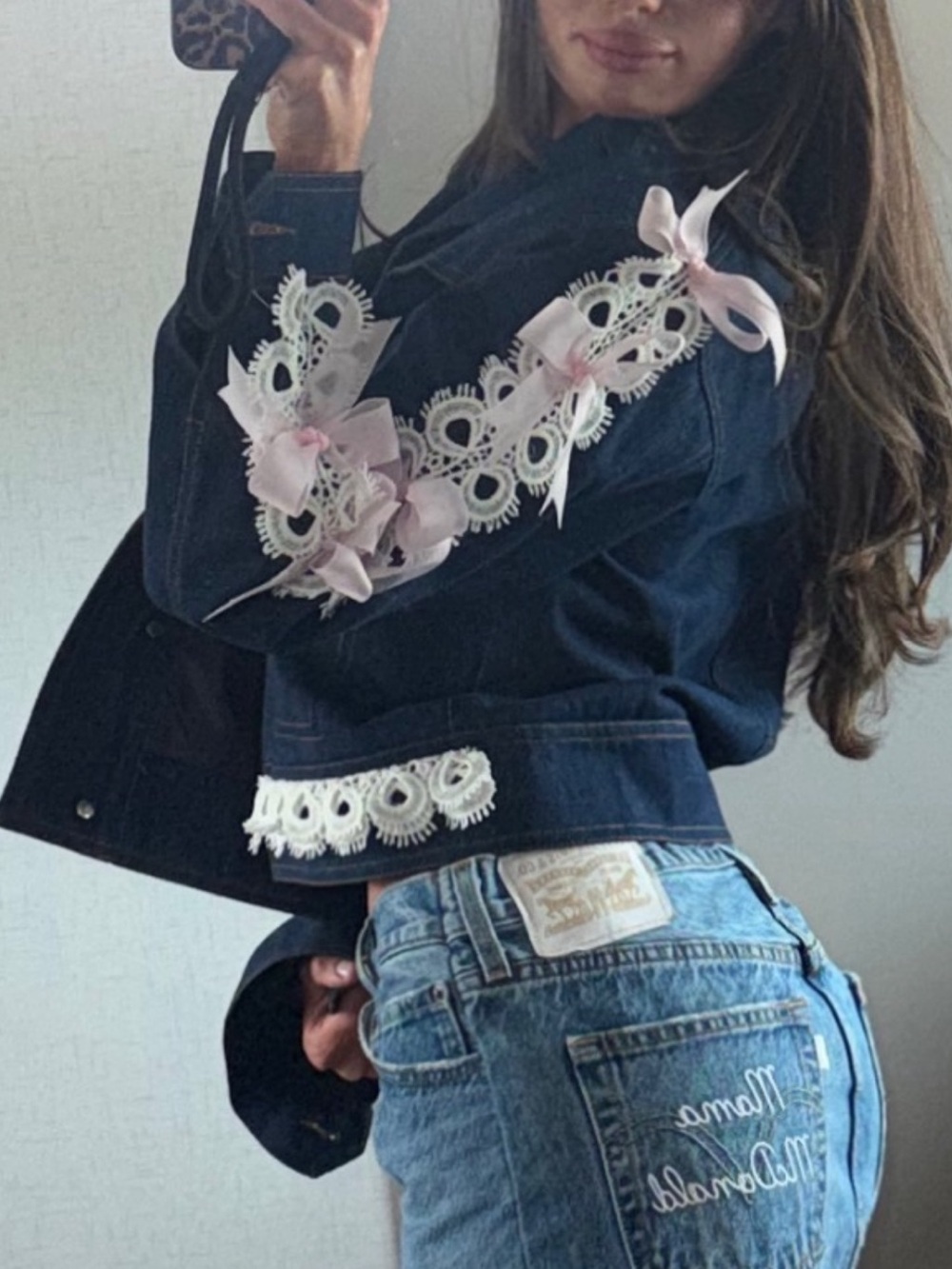 Denim & Lace & Pink Bow Jean jacket